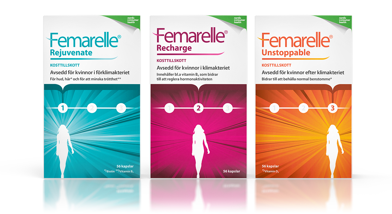 Femarelle förpackningar med 56 kapslar i varje box.
