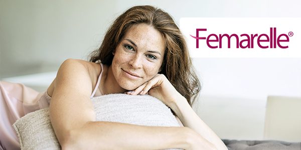 Kvinna som sovit gott samt Femarelle-logga